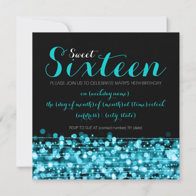Sweet Sixteen Party Sparkles & Lights Turquoise Invitation (Front)