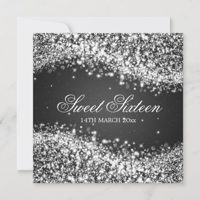 Sweet Sixteen Party Sparkling Wave Black Invitation (Front)