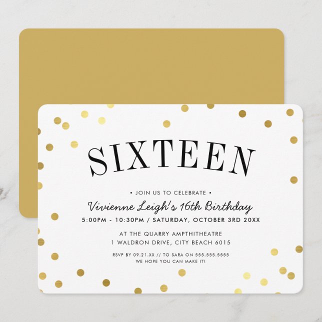 SWEET SIXTEEN PARTY stylish gold confetti spots Invitation (Front/Back)