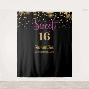 Sweet Sixteen Party Tapestry Backdrop Banner Gold