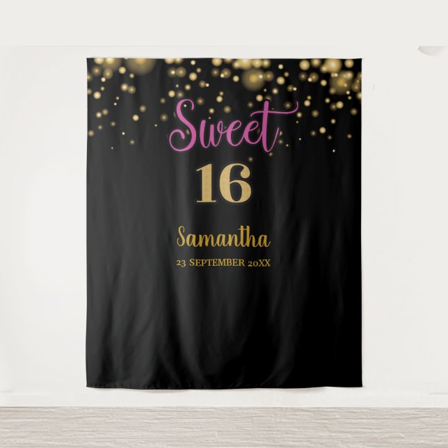 Sweet Sixteen Party Tapestry Backdrop Banner Gold (Front)