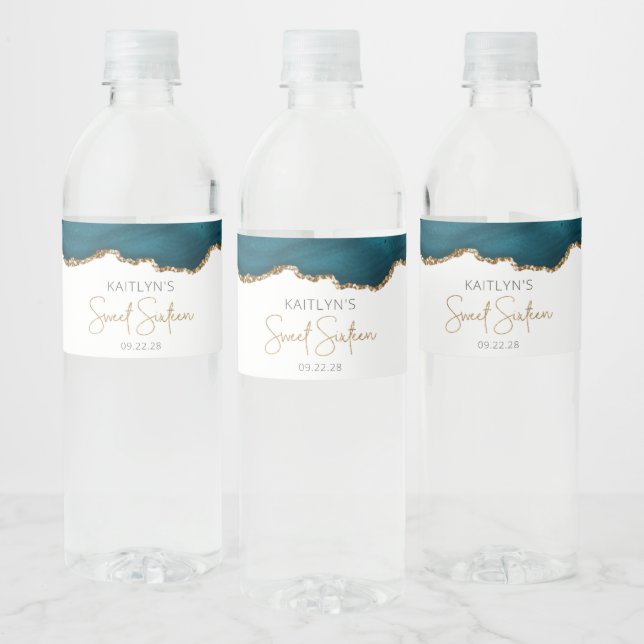 Sweet Sixteen Party Teal Blue Gold Agate Water Bottle Label (Bottles)