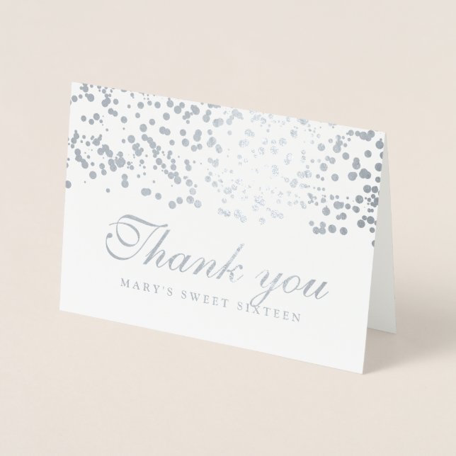 Sweet Sixteen Party Thank You Silver Confetti Foil Card (Front)