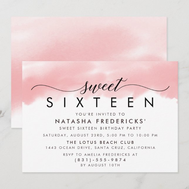 Sweet Sixteen Party Watercolor Pink Birthday Invitation (Front/Back)