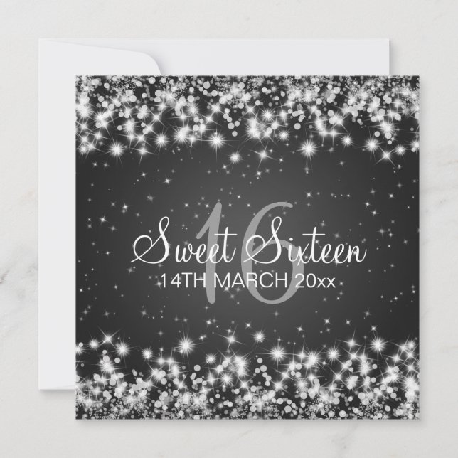 Sweet Sixteen Party Winter Sparkle Black Invitation (Front)