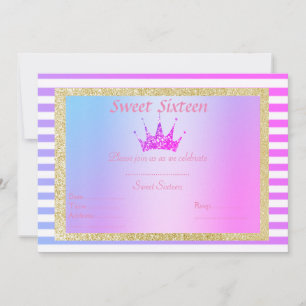 SWEET SIXTEEN PASTEL STRIPE TIARA BIRTHDAY GOLD INVITATION