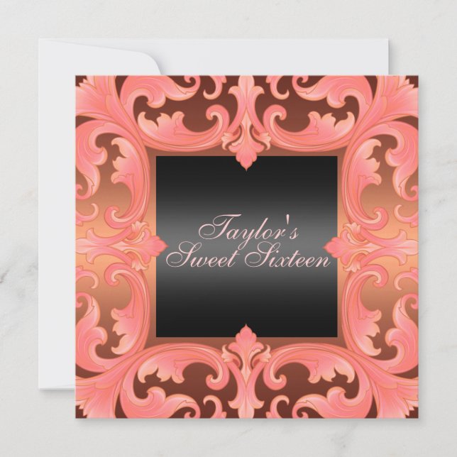 Sweet Sixteen Peach Damask Design Birthday Invite (Front)