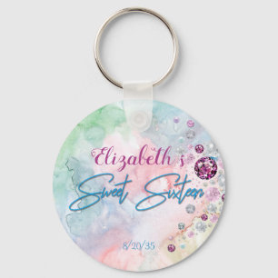 Sweet Sixteen Pearls Gems Pink Blue Green Key Ring