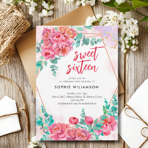 Sweet sixteen peonies and roses birthday invitation