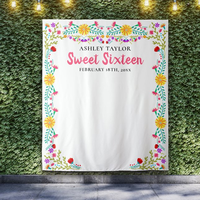 Sweet Sixteen Photo Backdrop Mexican Flowers White Tapestry (Creator Uploaded)