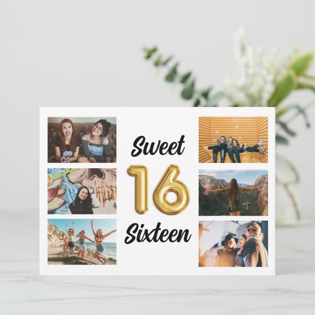 Sweet Sixteen Photo Collage Birthday Party Invitation (Standing Front)