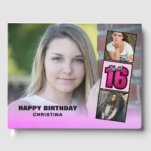 Sweet Sixteen Photo Collage Hot Pink Glitter Guest Book