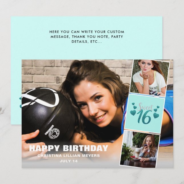 Sweet Sixteen Photo Collage Turquoise Glitter (Front/Back)