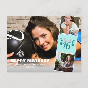Sweet Sixteen Photo Collage Turquoise Glitter Postcard