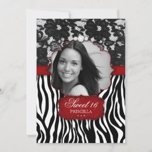 Sweet Sixteen Photo Zebra Lace Invitation Red