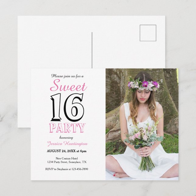Sweet Sixteen Pink 16th Birthday Photo Invitation Postcard (Front/Back)