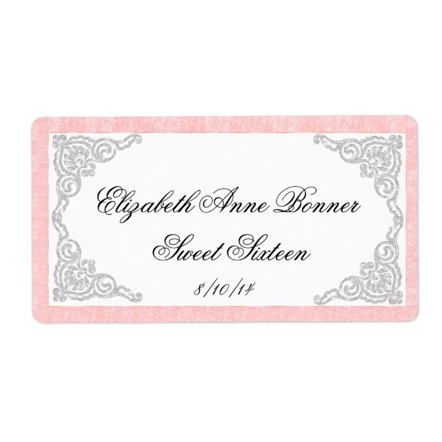 Sweet Sixteen Pink and Silver Water Bottle Labels (Front)