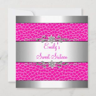 Sweet Sixteen Pink Animal Print Silver Birthday Invitation