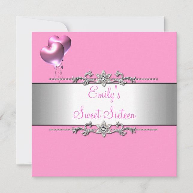 Sweet Sixteen Pink Balloon Silver Birthday Party Invitation (Front)
