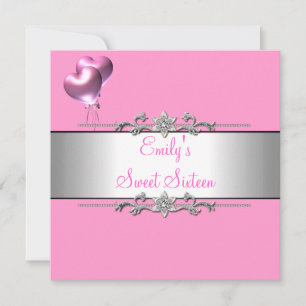 Sweet Sixteen Pink Balloon Silver Birthday Party Invitation