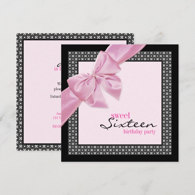 Sweet Sixteen Pink Black Birthday Party Invitation (Front/Back)