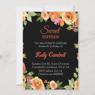 Sweet sixteen pink/black watecolor floral  Invite