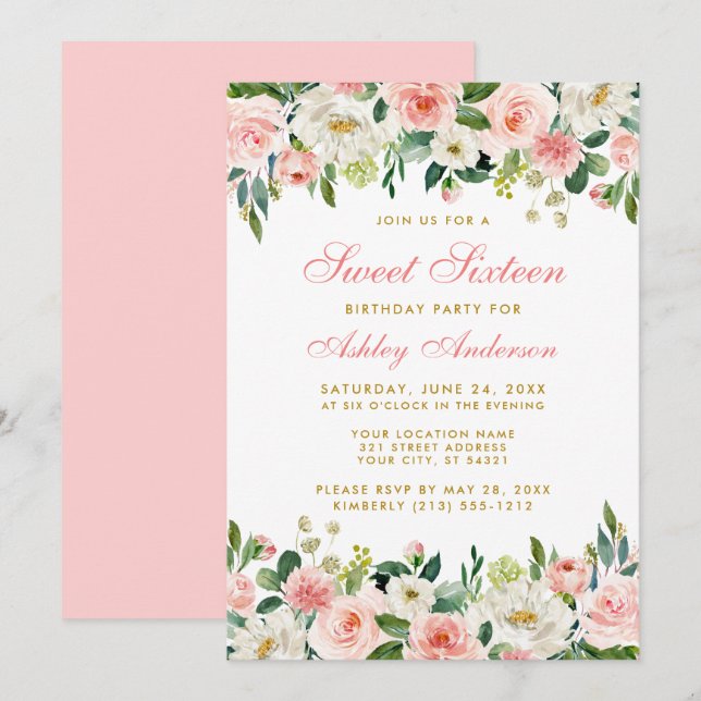 Sweet Sixteen Pink Blush Floral Gold Invitation (Front/Back)