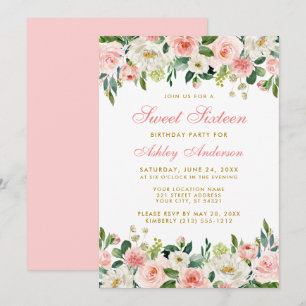 Sweet Sixteen Pink Blush Floral Gold Invitation