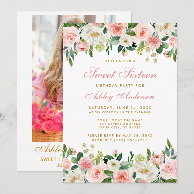 Sweet Sixteen Pink Blush Floral Gold Photo Invitation (Front/Back)