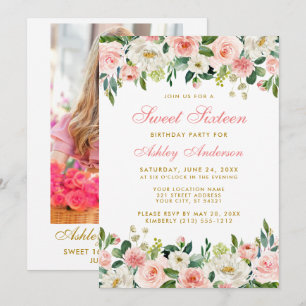 Sweet Sixteen Pink Blush Floral Gold Photo Invitation