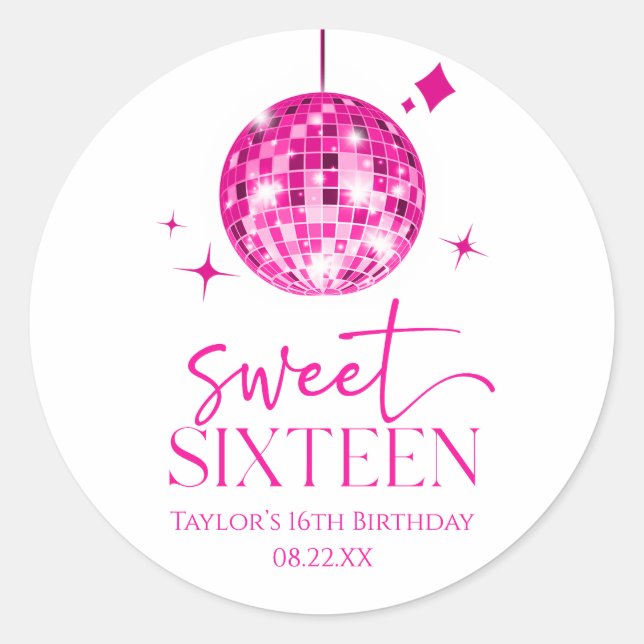 Sweet Sixteen Pink Disco Ball 16th Birthday Party Classic Round Sticker (Front)