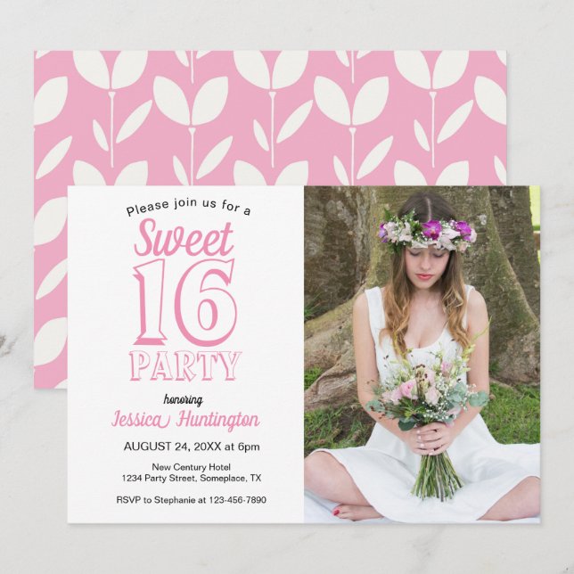 Sweet Sixteen Pink Floral 16th Birthday Photo Invitation (Front/Back)
