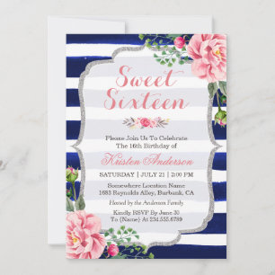Sweet Sixteen Pink Floral Silver Blue Stripes Invitation