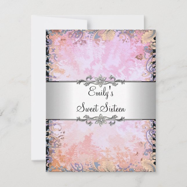Sweet Sixteen Pink Floral with Silver Birthday Invitation (Front)
