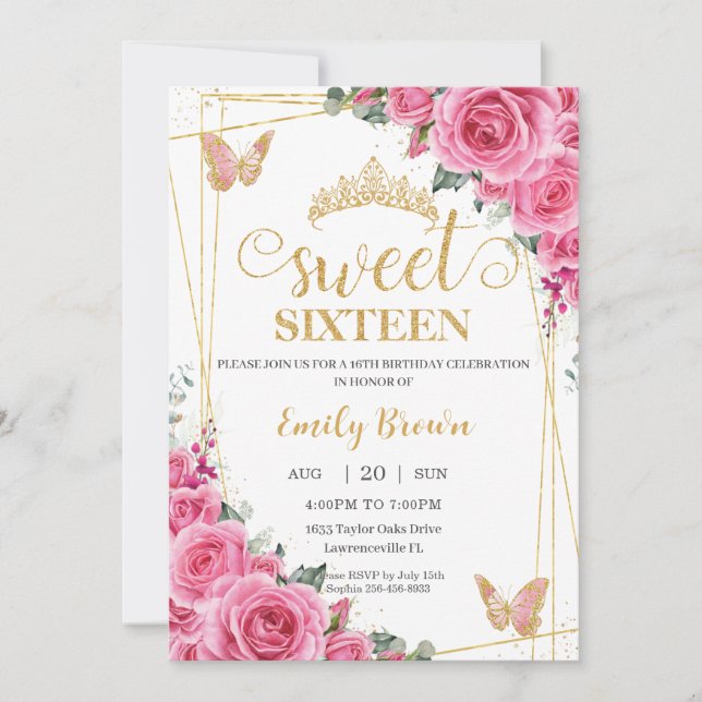 Sweet Sixteen Pink Fuchsia Floral Gold Butterflies Invitation (Front)