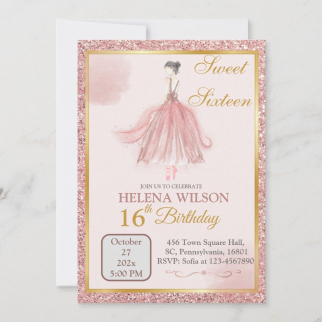SWEET SIXTEEN PINK GLITTER BALLERINA BIRTHDAY  INVITATION (Front)