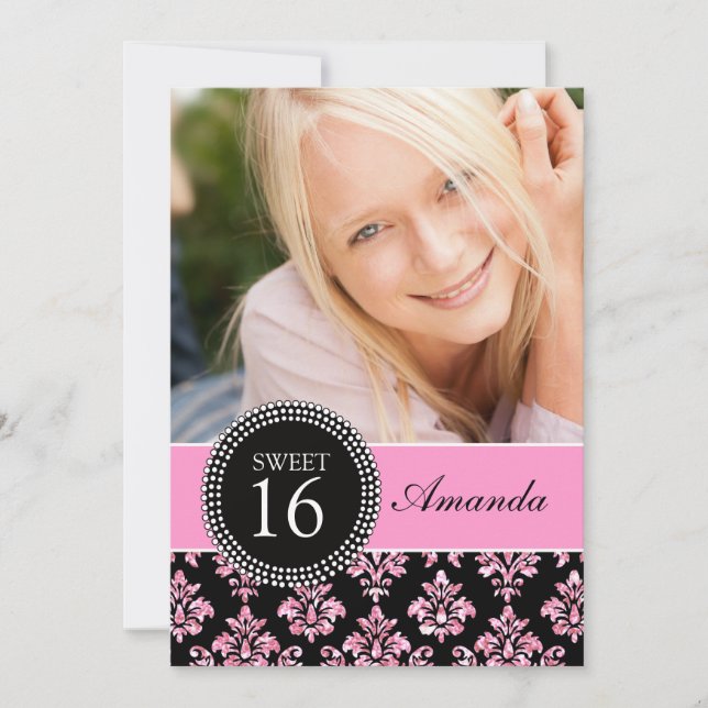 SWEET SIXTEEN, PINK GLITTER,  BLACK DAMASK INVITATION (Front)