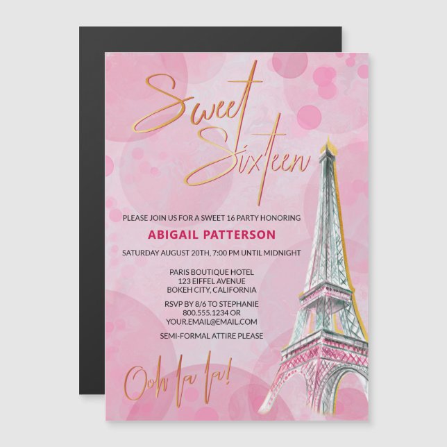 Sweet Sixteen Pink Gold Paris 16th Birthday Party Magnetic Invitation (Front/Back)