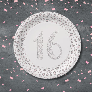 Sweet Sixteen Pink Grey Leopard Pattern Paper Plate