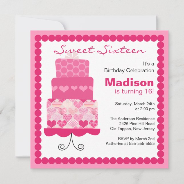 Sweet Sixteen Pink Hearts Cake Birthday Invite (Front)
