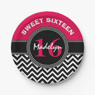 Sweet Sixteen Pink Monogram Chevron Paper Plate