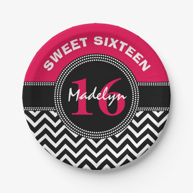 Sweet Sixteen Pink Monogram Chevron Paper Plate (Front)