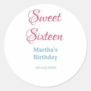 Sweet Sixteen pink name date calligraphy boho blue Classic Round Sticker