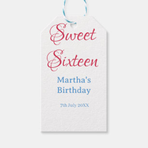 Sweet Sixteen pink name date calligraphy boho blue Gift Tags