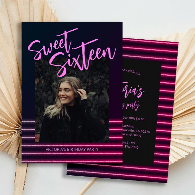 Sweet Sixteen Pink Neon Glitter Birthday Party  Invitation (Creator Uploaded)