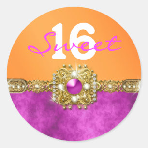 "sweet sixteen" pink orange 16 birthday classic round sticker