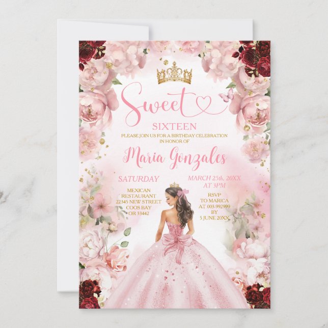 Sweet Sixteen Pink Princess Dress Burgundy Floral Invitation (Front)
