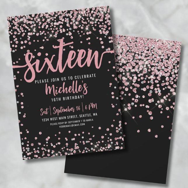 Sweet Sixteen Pink Rose Gold Glitter 16th Birthday Invitation (16th Rose Gold Glitter Sweet Sixteen Birthday Invitation)