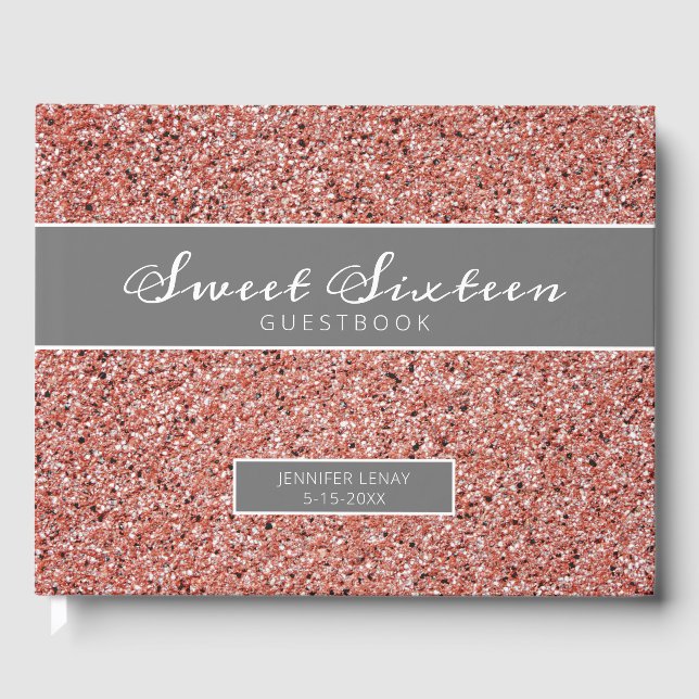 Sweet Sixteen Pink Rose Gold Glitter Guest Book (Front)