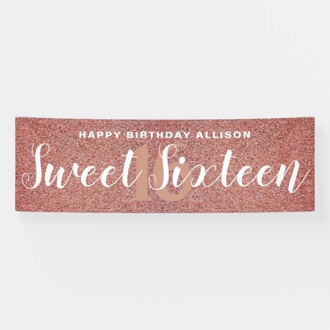 Sweet Sixteen Pink Rose Gold Glitter Personalised Banner (Horizontal)